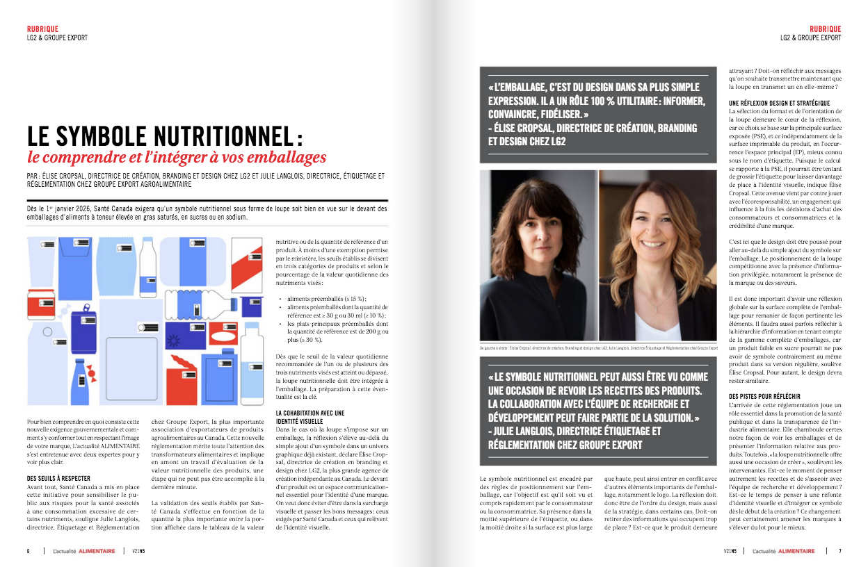 Capture d'écran de l'article de Groupe Export et LG2 du magazine de septembre de L'actualité ALIMENTAIRE